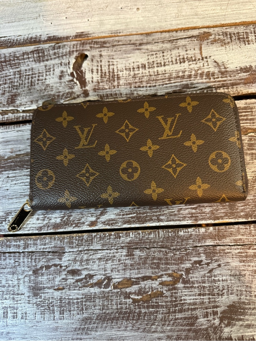 Authentic Louis Vuitton Monogram Canvas Zip Around Wallet in Brown and Gold